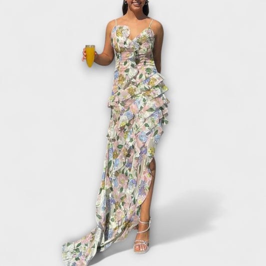 Indara - vestido de volantes con estampado en los tirantes